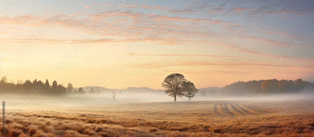 Poster amidst the misty ambiance of the morning, a tranquil view unfolds over the vast expanse of the field
