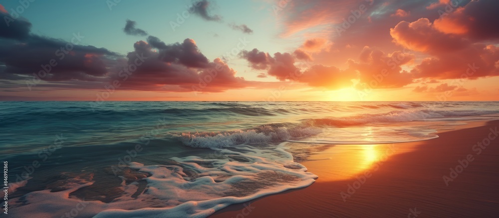 Poster beautiful sunrise at the serene beach with golden light illuminating the horizon. with copy space im