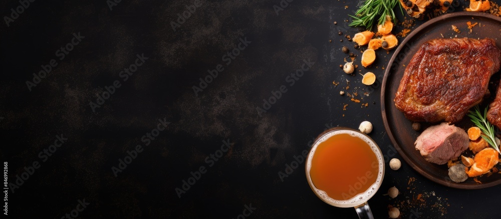 Poster a plate containing cooked meat and fresh carrots, served alongside a steaming cup of tea. with copy 