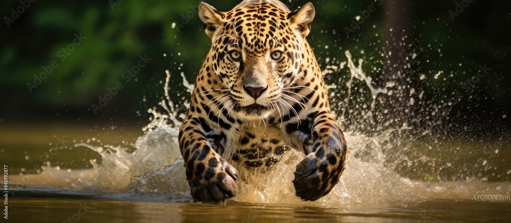 Aufkleber jaguar panthera onca preparing to leap into the water amidst lush jungle foliage. with copy space im