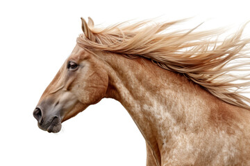 Obraz premium Close-up of a beautiful brown horse with flowing mane isolated on transparent background. Perfect for equestrian themes and animal-related projects.
