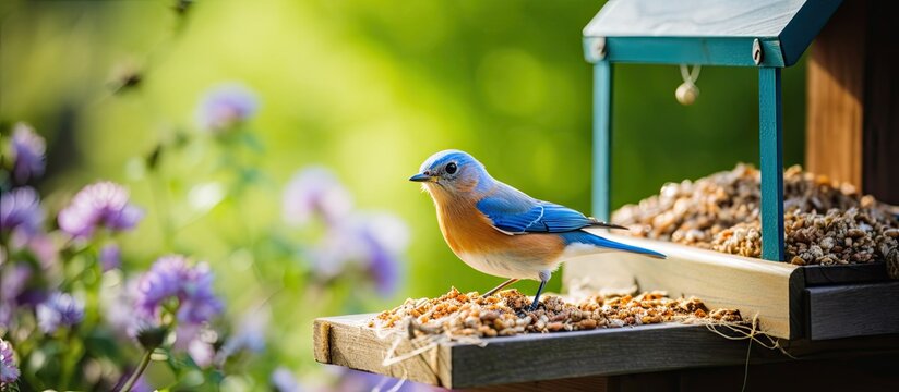 Blue bird on feeder with Male Eastern Bluebird enjoying a mealworm snack, vibrant colors in nature. with copy space image. Place for adding text or design