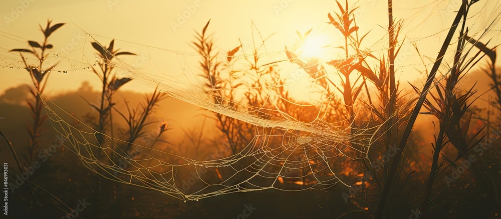Leinwandbilder Spiderweb shining in the warm glow of the setting sun amidst plants and foliage. with copy space image. Place for adding text or design