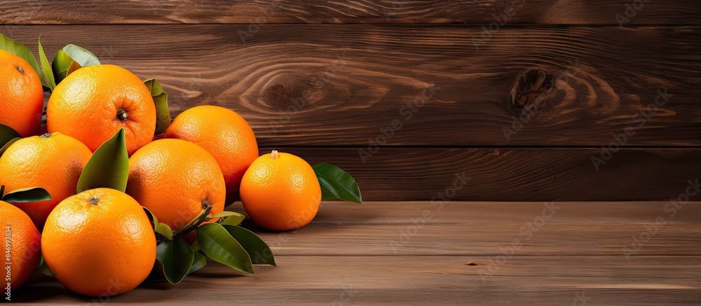 Poster fresh ripe oranges placed neatly on a rustic wooden table. with copy space image. place for adding t