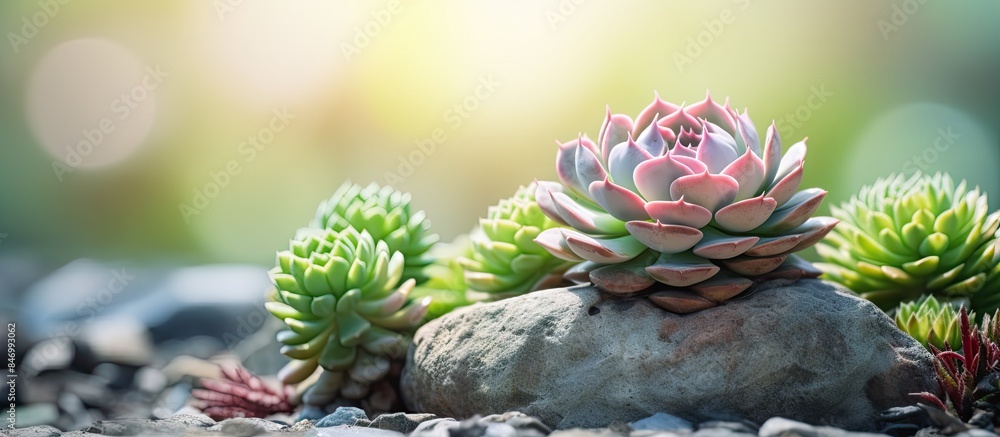 Poster sempervivum succulent plant growing on a stone, adding natural charm to garden landscape design with