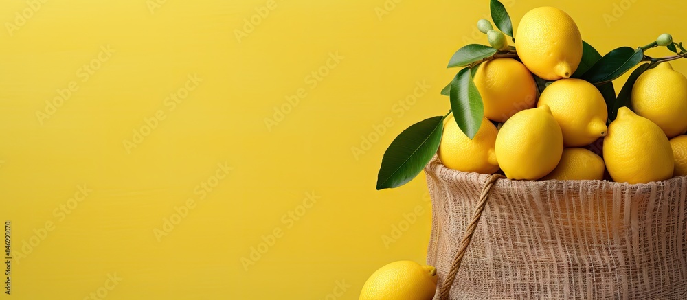 Aufkleber an assortment of ripe lemons, vibrant in color, stored in a rustic bag placed on a wooden table. wit