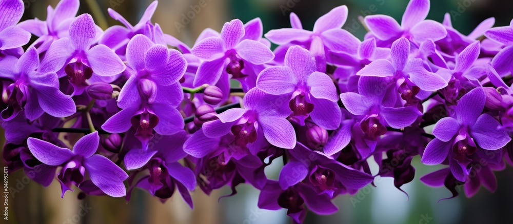 Fototapete purple flowers in full bloom on a branch in a serene garden setting, adding a pop of color to nature
