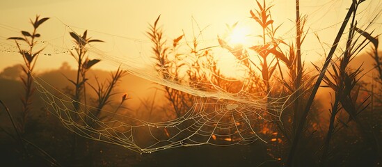 Spiderweb shining in the warm glow of the setting sun amidst plants and foliage. with copy space image. Place for adding text or design