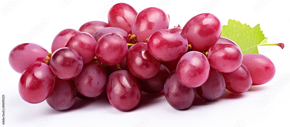 Fototapete close-up image of a cluster of red grapes with a leaf, isolated on a white background. with copy spa