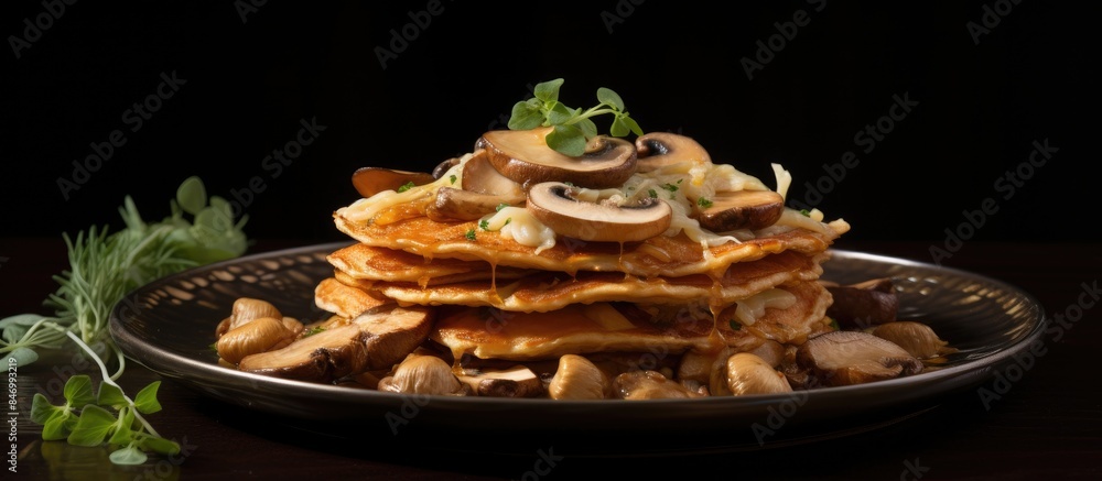 Poster close-up view of a plate of food featuring delicious mushrooms and melted cheese. with copy space im
