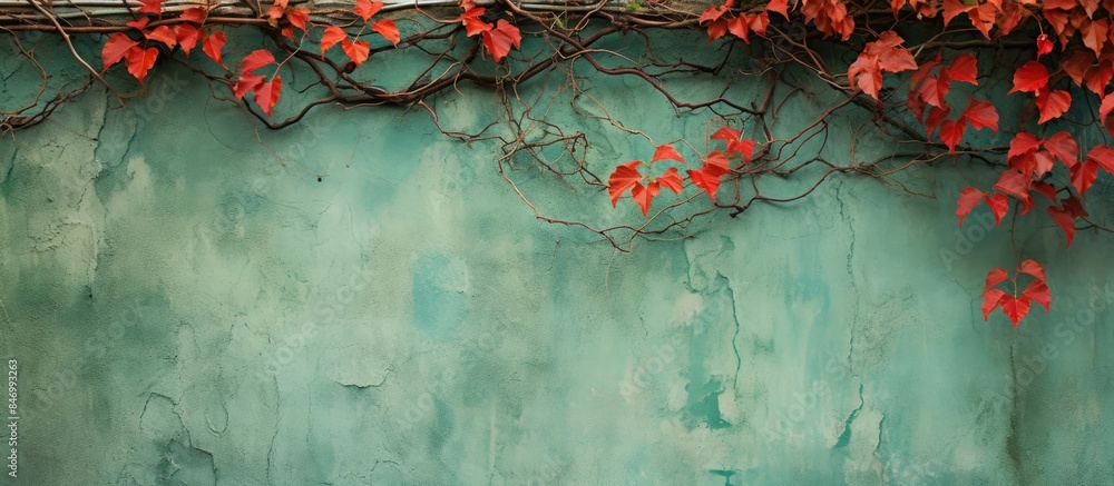 Fototapete Red and green vines with leaves crawling on the wall in a vibrant display of nature. with copy space image. Place for adding text or design
