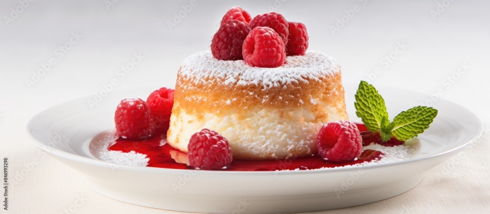 Fototapete raspberry souffle elegantly plated on a pristine white dish, showcasing its fluffy texture and vibra