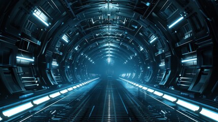 Obraz premium Illustration Sci-fi 3D inspired futuristic tunnel in a grunge concrete setting, with reflective flooring and glowing blue-white LED lights. Ai generated image