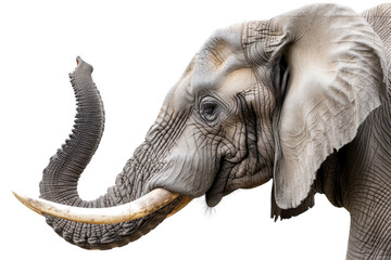 Fototapeta premium Close-up of a majestic African Elephant with detailed wrinkled skin and large tusks, isolated on a transparent background.