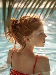 back view portrait of a little redhead girl in the water by the pool wearing a red bathing suit, palm tree shadow, summer 