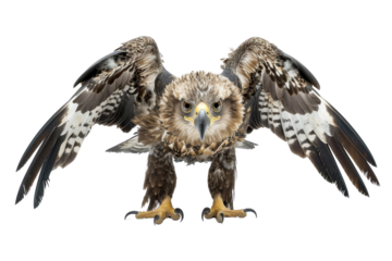 Close-up of a majestic bird of prey, wings spread wide, showcasing its fierce look and intricate feather patterns against a transparent background.