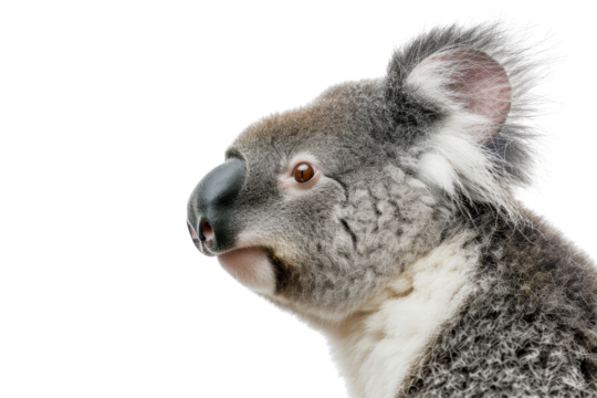 Close-up of a koala against a transparent background. focusing on its detailed fur and expressive eyes. Perfect for wildlife-themed designs.