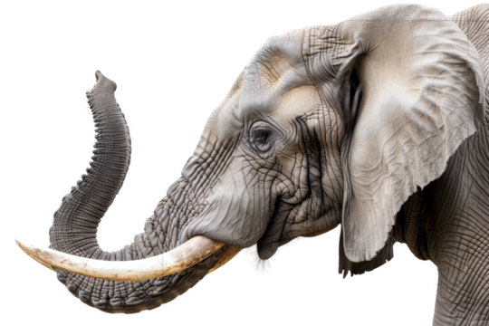Close-up of a majestic African Elephant with detailed wrinkled skin and large tusks, isolated on a transparent background.