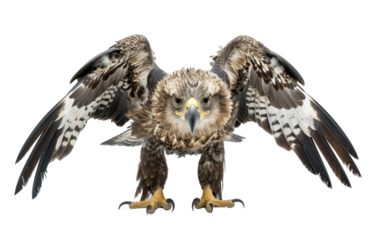 Close-up of a majestic bird of prey, wings spread wide, showcasing its fierce look and intricate feather patterns against a transparent background.
