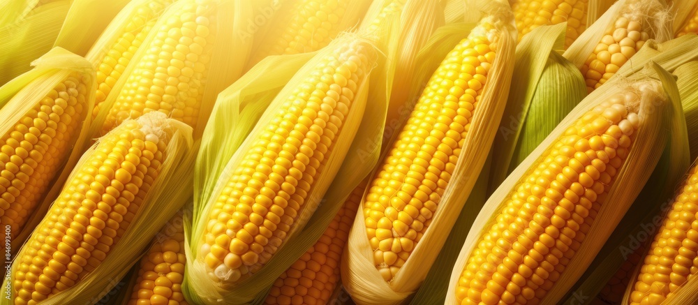 Poster corn ears spread across a table in a close-up shot. with copy space image. place for adding text or 