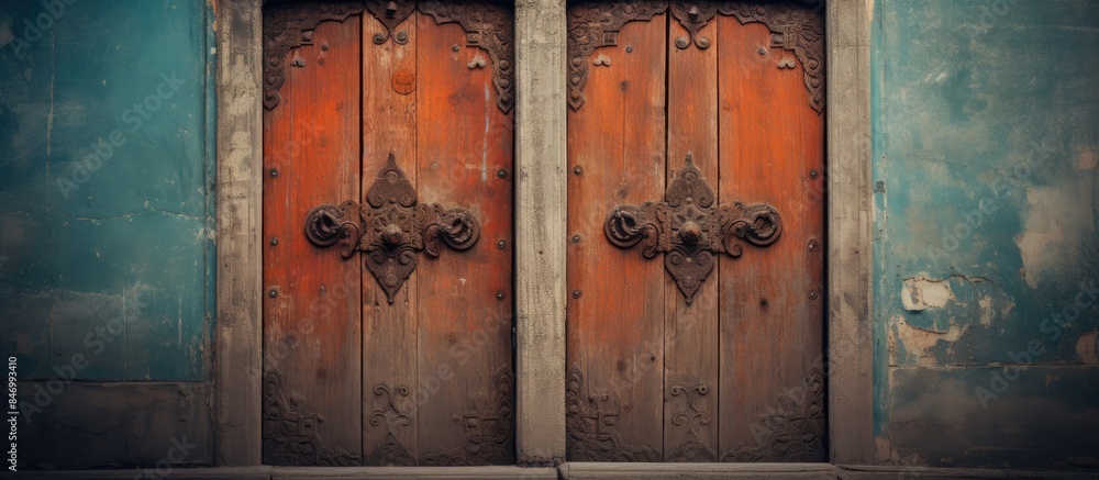 Poster An aged door displaying several weathered iron handles, each showing signs of wear and tear. with copy space image. Place for adding text or design