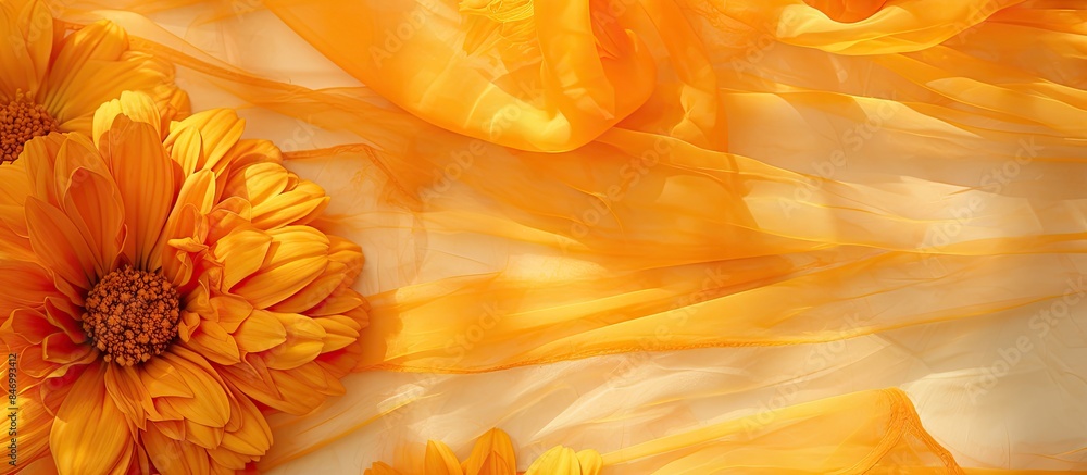 Poster Bright yellow flowers arranged on a white surface covered with a delicate sheer fabric. with copy space image. Place for adding text or design