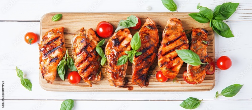 Aufkleber cutting board showcasing fresh chicken, ripe tomatoes, and fragrant basil in a close-up shot. with c