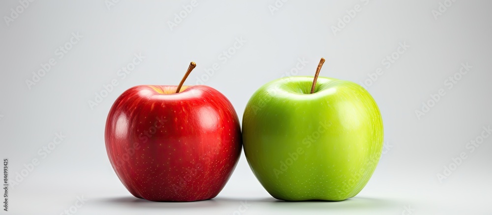 Poster two apples, one red and one green, placed next to each other on a surface with a shallow depth of fi