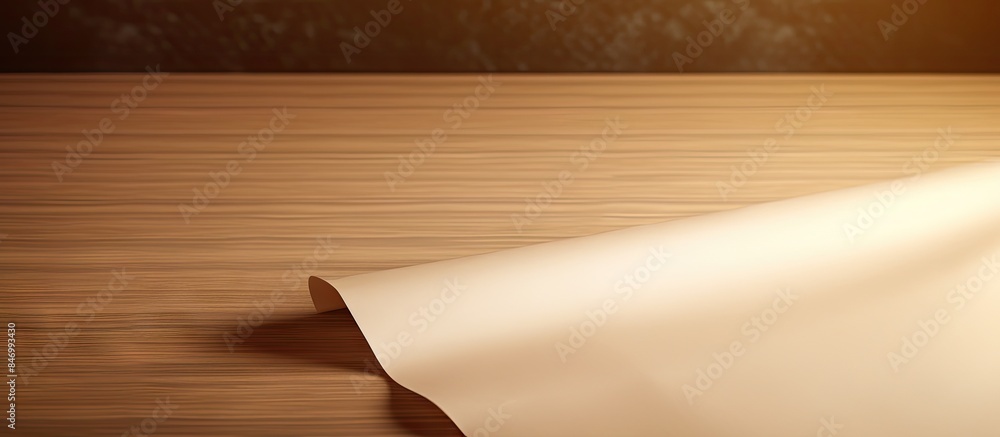 Poster Paper securely attached with a clip on a wooden table, accompanied by a writing instrument. with copy space image. Place for adding text or design