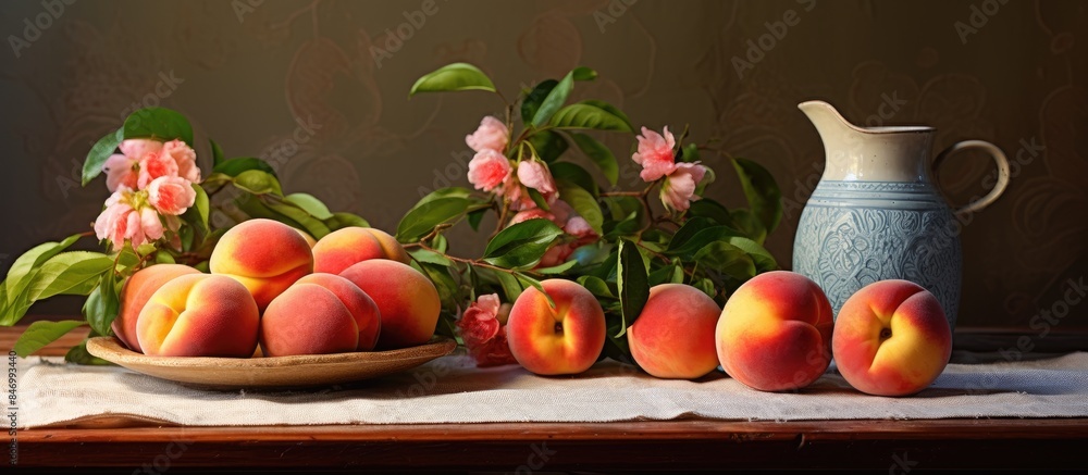 Poster arrangement of peaches displayed with a vase on a cloth-covered table. with copy space image. place 