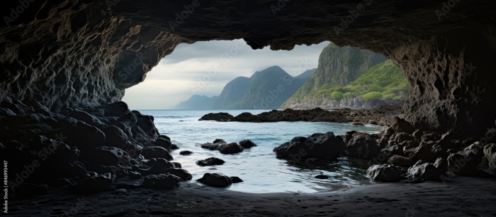 Poster Inside view of a cave near the sea with a stunning sight of the ocean and mountains in the background. with copy space image. Place for adding text or design