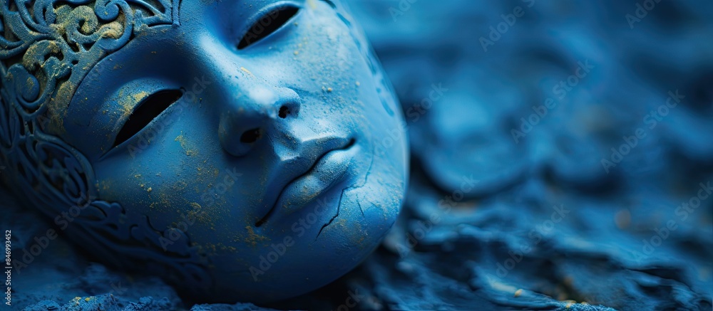Poster Close-up of a vibrant blue mask adorned with shimmering gold accents, displaying intricate textures in selective focus. with copy space image. Place for adding text or design