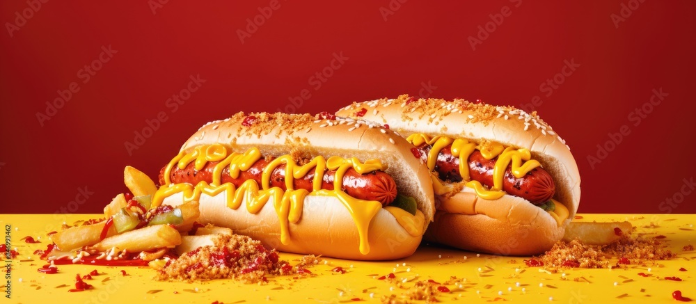 Poster A pair of hot dogs topped with mustard and ketchup placed on a vibrant yellow table, along with potato chips on the side. with copy space image. Place for adding text or design