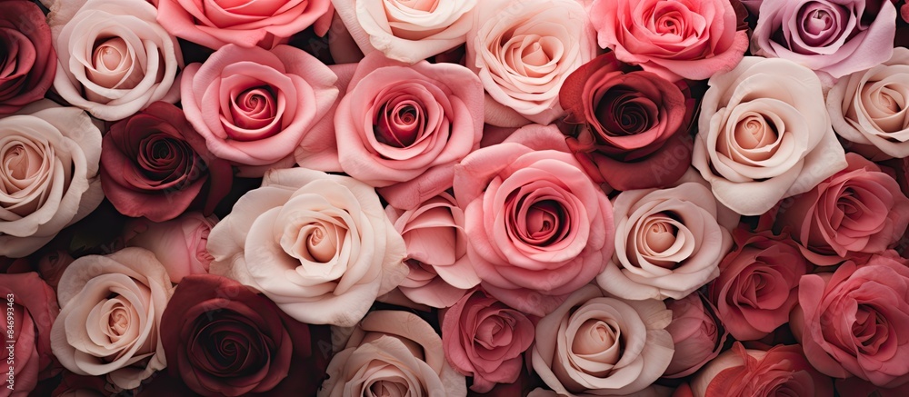 Aufkleber cluster of delicate pink and white roses, close up and in full bloom, showcasing their beauty. with 
