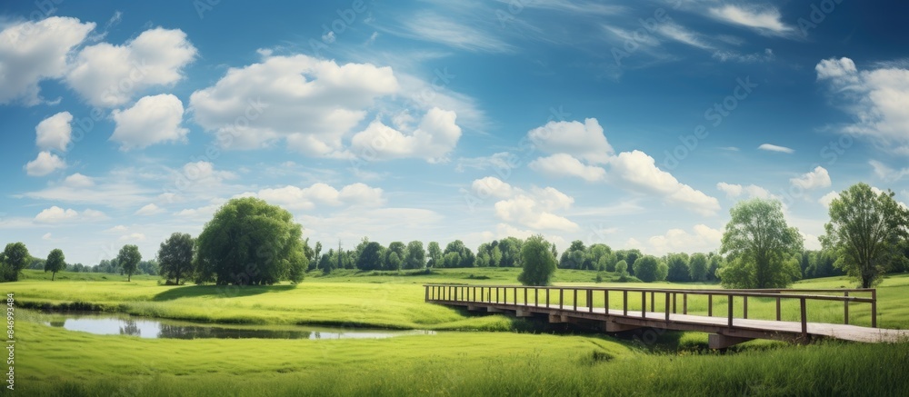 Leinwandbilder small bridge stands over a pond surrounded by green grass in a field, peaceful and serene atmosphere