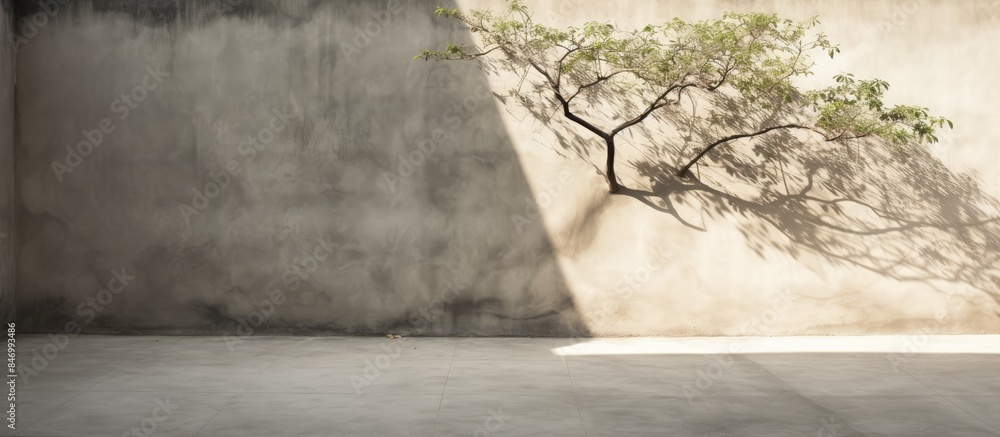 Poster Tree shadow falls on a plain concrete wall in the morning light, creating a striking contrast. with copy space image. Place for adding text or design