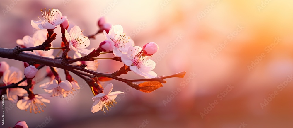 Poster Close-up of a tree branch with flowers, capturing the beauty of sakura blossoms during sunset with selective focus. with copy space image. Place for adding text or design