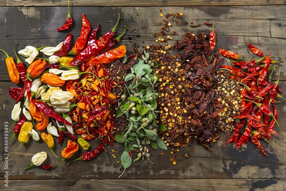 Poster a mix of fresh and dried chili peppers and spices, arranged in a colorful display on a rustic wooden