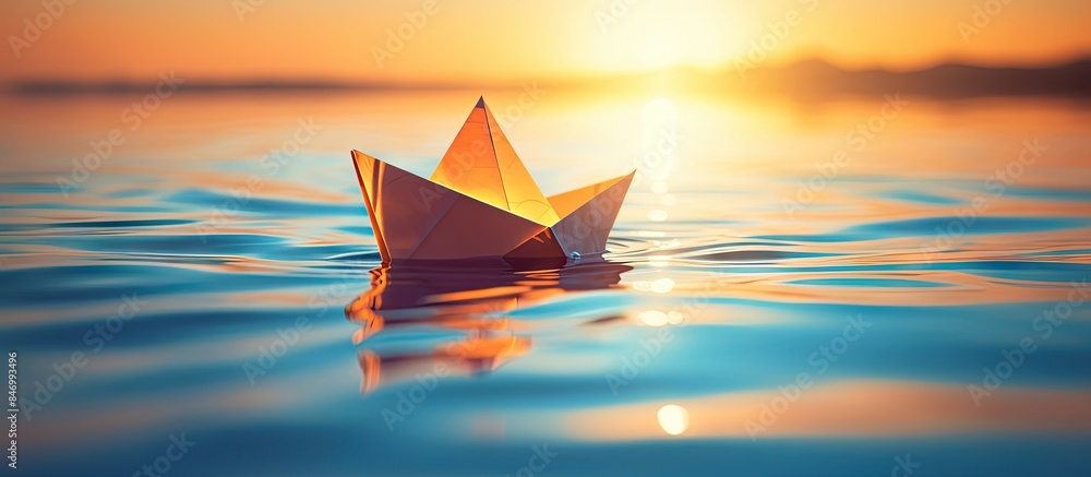 Poster Gentle paper boat floating gracefully on calm waters under the golden hues of a sunset. with copy space image. Place for adding text or design