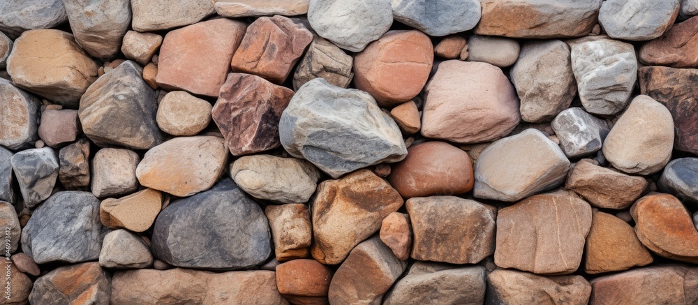 Poster Close-up view of a textured stone wall with various sizes of rocks and stones scattered across. with copy space image. Place for adding text or design