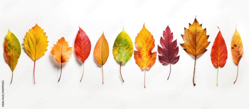 Fototapete Various colored autumn leaves arranged in a row, isolated on a clean white background. with copy space image. Place for adding text or design