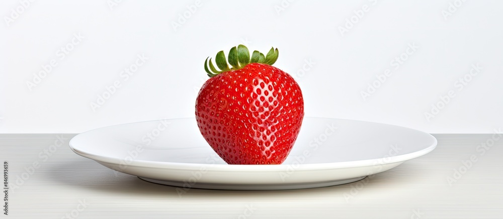 Leinwandbilder fresh single strawberry displayed on a clean white plate. with copy space image. place for adding te