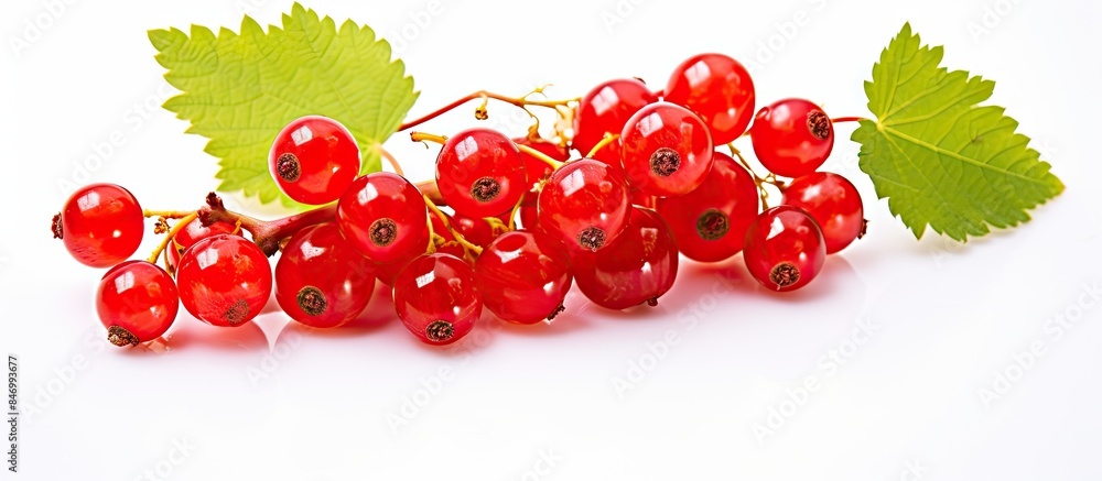 Poster bunch of fresh red currants with green leaves arranged on a clean white surface. with copy space ima