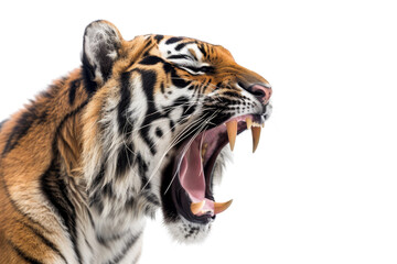 Close-up of a roaring tiger baring sharp teeth and fierce expression against a black background, showcasing wild animal strength and beauty. © Rattanathip