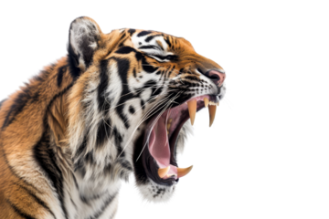 Close-up of a roaring tiger baring sharp teeth and fierce expression against a black background, showcasing wild animal strength and beauty.