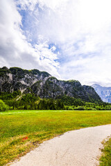A beautiful view on the Ehrwalder Almsee and the Zugspitze on a sunny summer day in Austria, 2024,...