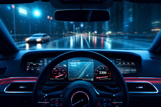 transport, destination and modern technology concept - car salon with navigation system on dashboard and meteo sensor on windshield over night lights background