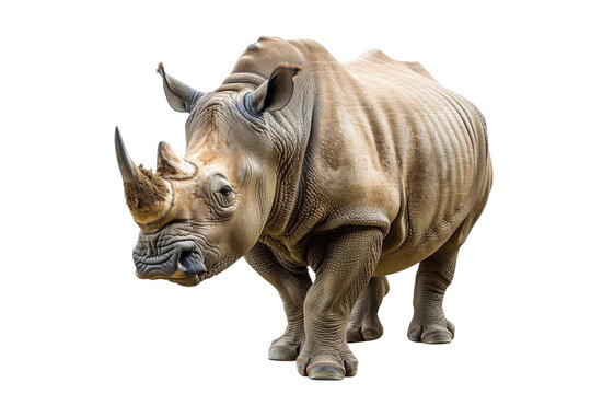 Close-up of a powerful rhinoceros standing with a detailed display of its thick skin and large horn on a transparent background.
