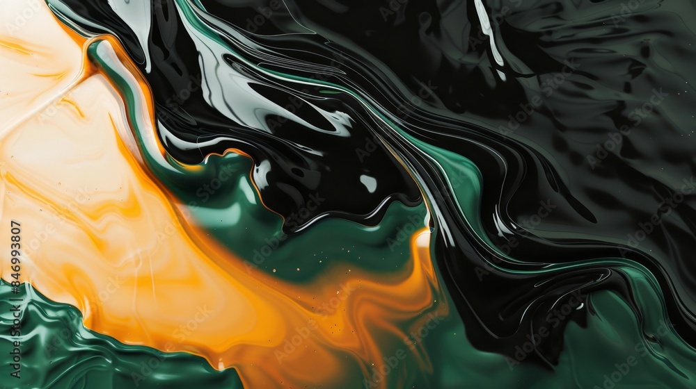 Poster abstract fluid art with vibrant swirls of black, green, and yellow colors, creating dynamic and flow