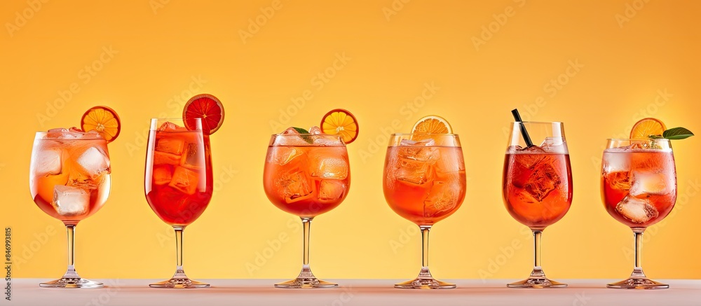 Poster Assorted glasses of different types of drinks displayed on a table, including spritz aperol cocktails with snacks. with copy space image. Place for adding text or design